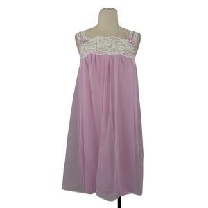 Vintage 60s 70s Val Mode Pink Lace Chiffon Short Nightgown Sz Medium Sexy Groovy